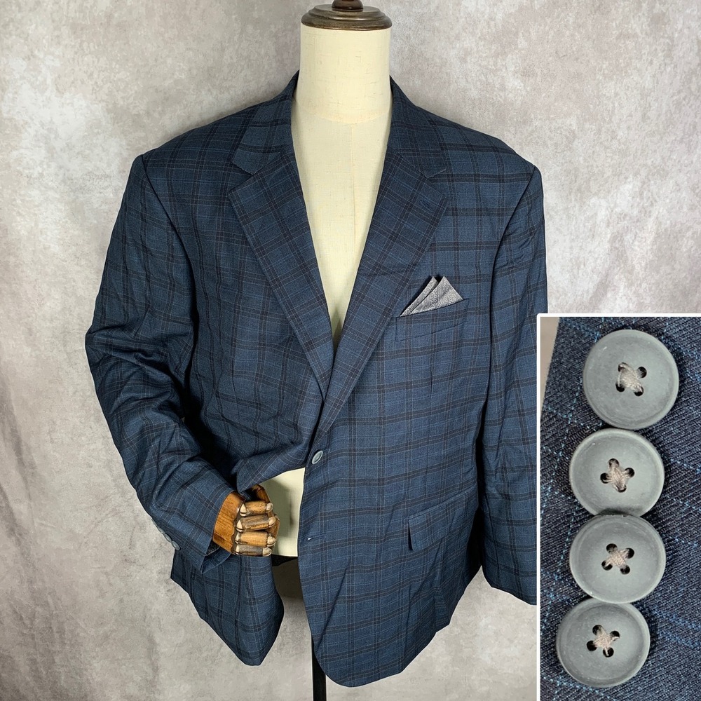 Oak Hill Blazer Jacket Men 2XL Blue Windowpane Sport Coat DXL Suit